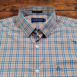 Fishhippie Rowe Performance Long Sleeve Button Up Shirt Men's Med Blue Orange‎